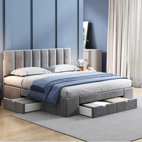 Letto imbottito classico 160x200 cm in velluto grigio, con rete a doghe, testiera regolabile e 4 cassetti (1/5)
