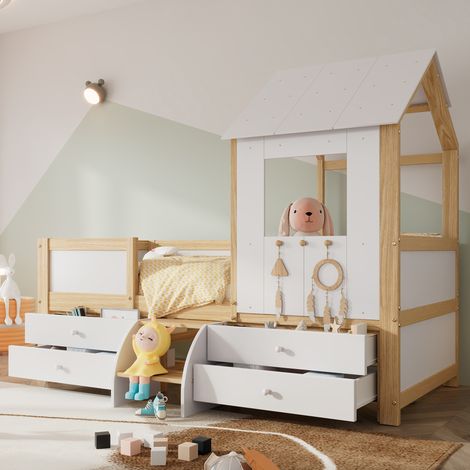 Cama casita infantil 90/200 cm blanca/natural con 4 cajones, escalera pequeña y techo (1/5)