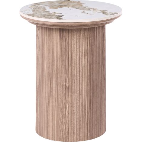 Mesa auxiliar con base de MDF y tablero de mármol blanco cerámico diseño moderno pata acanalada ø 45 cm marrón Dora (1/5)