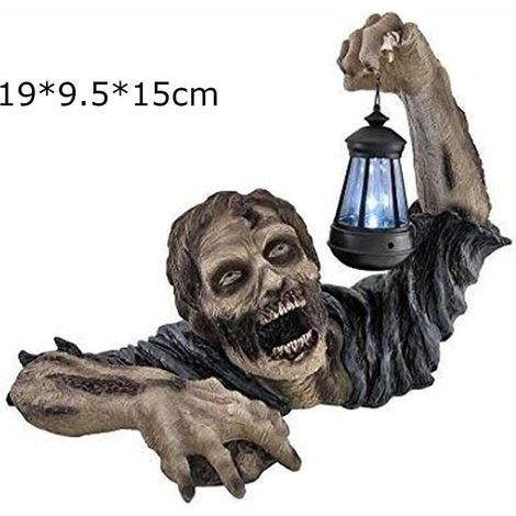 Lanterne zombie d'Halloween en résine, ornement artisanal, décoration de jardin, sculpture d'horreur noire (1/5)