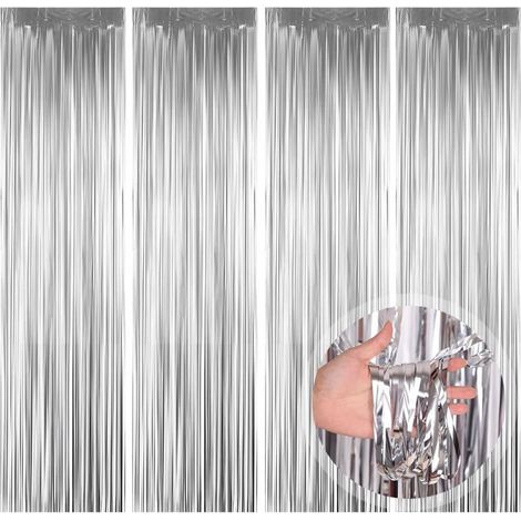 Lot de 4 Rideaux à Franges Métalliques Argentés (1x2m), Décoration Brillante pour Fêtes, Halloween et Photos . (1/5)