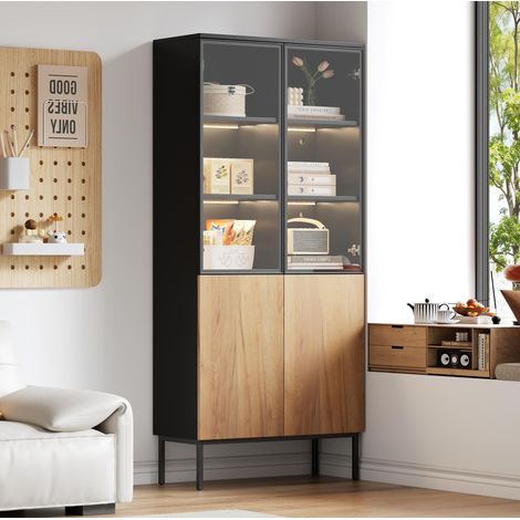 Vitrina de cristal 180 cm con LED, 4 puertas, estantes regulables, negro y roble OKMYHOME (1/5)