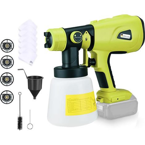 Dieses elektrische Farbspritzsystem ist mit Ryobi M18 18V- und 20V-Akkus kompatibel. Das HVLP-Farbspritzgerät wird mit 4 Düsen, 3 Sprühmustern und einem 1000-ml-Wassertank geliefert.