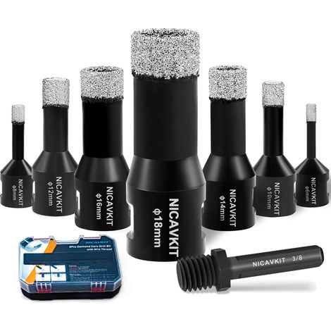 8Pcs Forets Diamantés pour carrelage avec adaptateur, 6/8/10/12/14/16/18mm Scie Cloche Diamant M14,coupeur de trou de tuile, pour porcelaine, carrelage, granit, marbre (1/5)