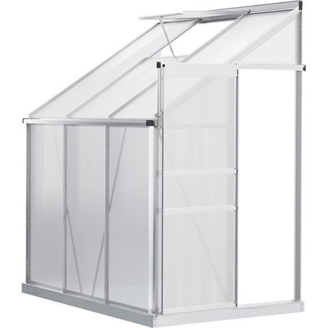 Outsunny 6 x 4ft Lean to Wall Polycarbonate Greenhouse Aluminium Walk-in Garden Greenhouse with Adjustable Roof Vent, Rain Gutter and Sliding Door, Clear