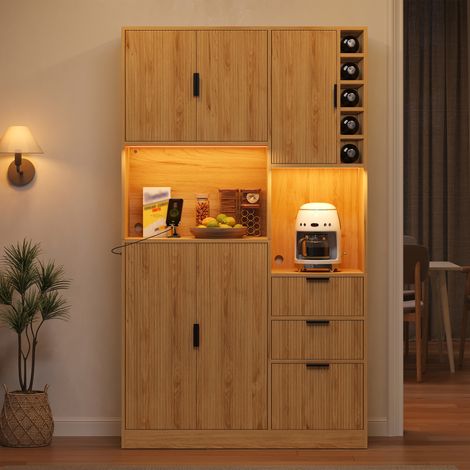 Armoire de cuisine 180x105x40 cm, buffet haut et garde-manger, 3 tiroirs, étagères réglables, casier à bouteilles, éclairage LED, MDF naturel (1/5)