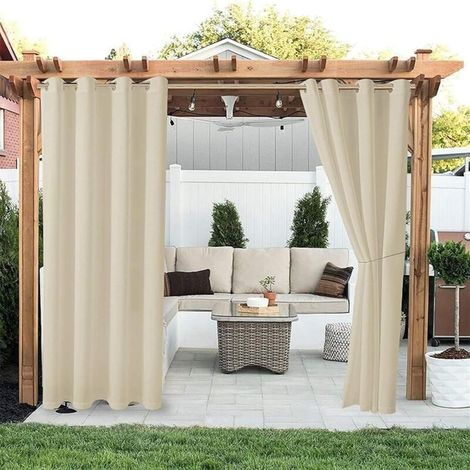 Outdoor curtains, 132x160cm, waterproof, UV resistant, blackout, suitable for outdoor pergolas with openings (Beige). (1/5)