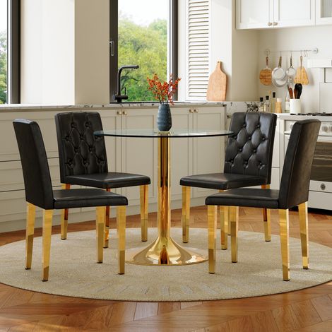Ensemble table verre 85cm – 4 chaises noires/dorées – Piètement doré – Moderne/minimaliste (1/5)