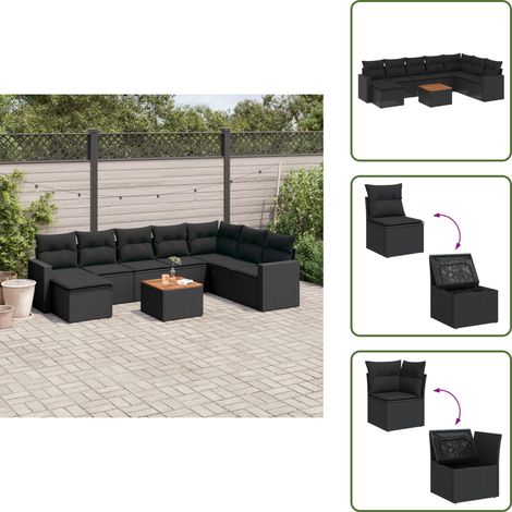 The Living Store 9-tlg. Garten-Sofagarnitur mit Kissen Schwarz Poly Rattan - Gartenmöbel Set - Outdoor Möbel - Rattan Gartenmöbel - Lounge Set - Esstisch Set