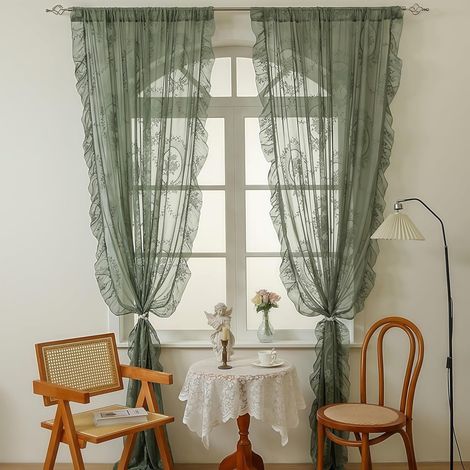 Rideau en dentelle vert sauge pour le salon, rideau à volants, rideau transparent pour chambre de fille, voilages, rideaux filtrant la lumière de style champêtre, rideaux en tulle pour cuisine et sall (1/5)