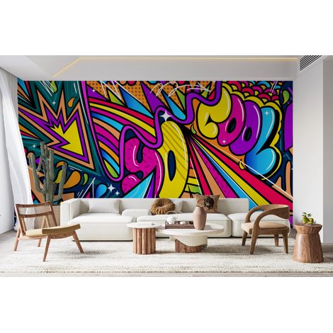 Papier peint graffiti - flèches et lettrages dynamiques multicolores - 150 x 250 cm (1/2)