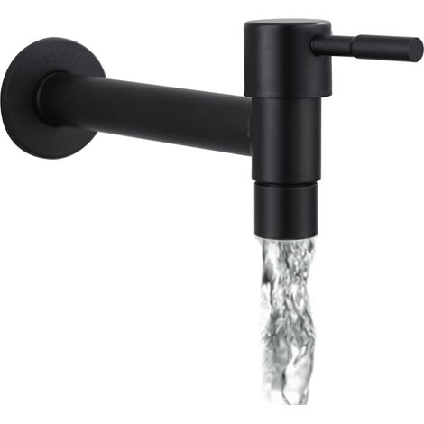 Kaltwasserhahn – Edelstahl – Wandmontage – Mattschwarz – Langer Wandhahn, Badezimmerzubehör, für Waschbecken, Balkon, Küche (Schwarz)