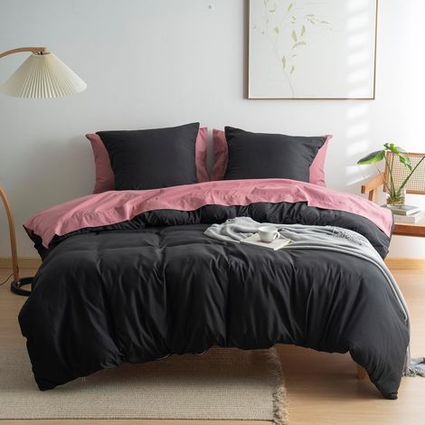 Parure de Lit 4 Pièces Housse de Couette 220x240cm + Drap Housse 180x200cm avec 2 taies d'oreillers 65x65cm Noir pour 2 Personnes Parure 100 Fils/cm² en Microfibre (1/5)