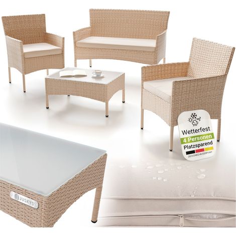 Juskys Polyrattan Gartenmöbel-Set Fort Myers – Balkonmöbel-Set mit Tisch, Sofa & 2 Stühlen – Sitzgruppe 4 Personen Creme mit Auflagen Sand