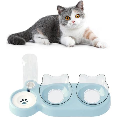 Mangiatoia doppia rialzata per gatti con distributore d'acqua - Ciotola regolabile con porta cibo, previene lesioni al collo (blu) (1/5)