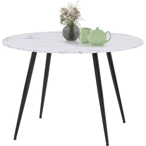 Table à manger ronde AMELIA 4-6 personnes effet marbre blanc ALASKA pieds métal noir 110 cm (1/5)