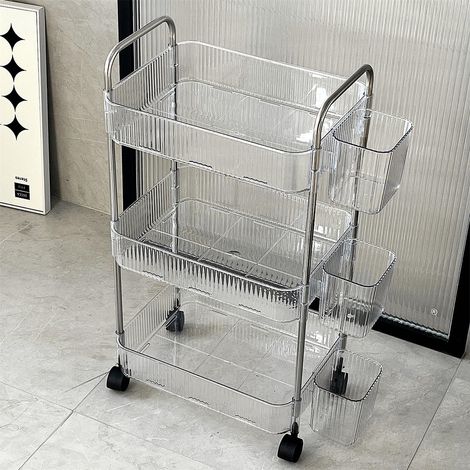 Chariot à roulettes transparent à 3 étages avec paniers suspendus en plastique - Chariot de service - Chariot de cuisine - Chariot de rangement sur roulettes pour salle de bain, cuisine, buanderie (1/5)