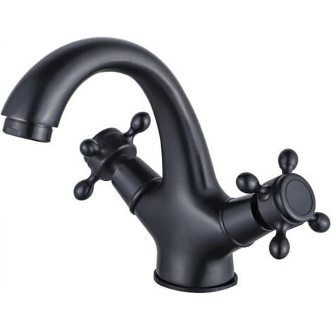 Grifo de baño negro de estilo vintage, grifo de lavabo de latón antiguo con doble manija y manguera de 60 cm. (1/5)