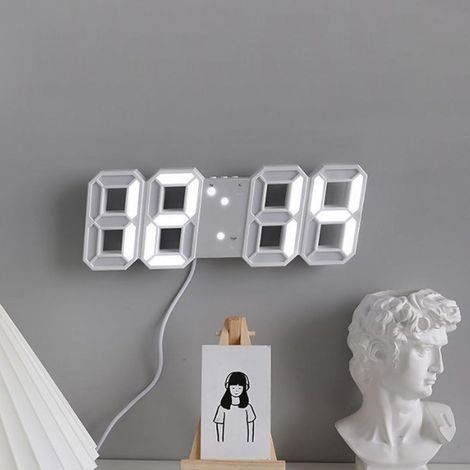 Horloge murale numérique LED 3D avec veilleuse à intensité variable et affichage de la température (blanche). (1/5)