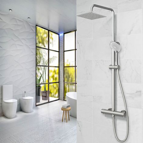 Colonna Doccia, OCEAN ITALY, Soffione Doccia Quadrato Acciaio Inox, Rubinetto Doccia Termostatico, Ugelli Anticalcare e Sistema Antiscottatura, Barra Doccia Regolabile 80-116cm