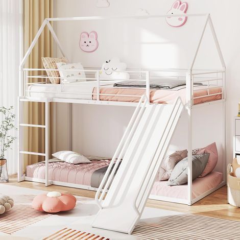 COSTWAY Letto a Castello per Bambini 90x200 cm, Letto Montessori con Scivolo Scala, Struttura in Metallo e Sponda di Sicurezza, Forma di Casa, senza Bisogno di Rete a Molle, Portata 110 kg (Bianco) (1/5)