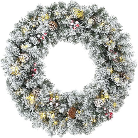 Weihnachtskranz für die Tür, Schneeeffekt mit 50 LED-Lichtern, Tannenzapfen, Beeren und festlicher Schleife für Kamin, Wand, Fenster (1/5)