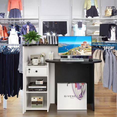 Bureau de Réception Comptoir avec Tiroir Verrouillable Étagère Réglable Plateau de Forme Ovale Comptoir de Vente pour Caisse Noir+Blanc (1/5)