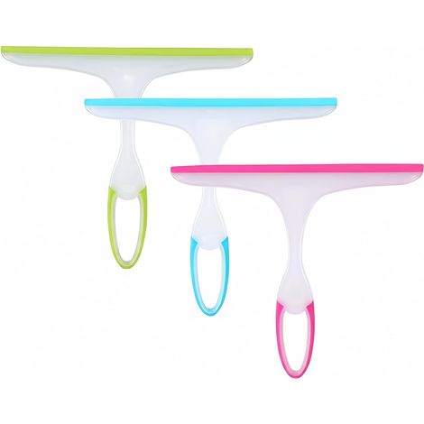 Juego de 3 herramientas para limpiar ventanas de baño: rasqueta de ducha (azul, verde, rojo). (1/5)