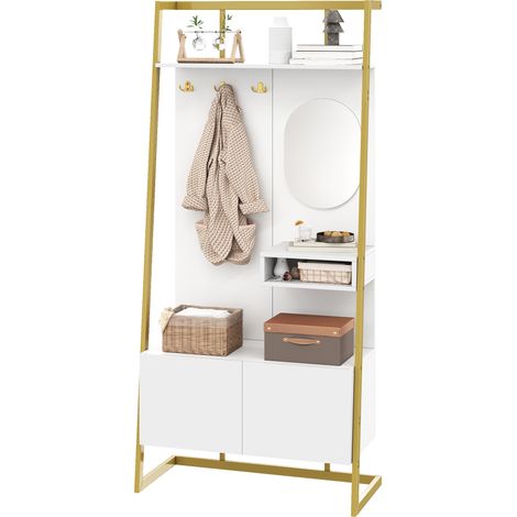 Porte-manteaux minimaliste ouvert avec miroir et crochet métallique. Banquette à chaussures intégrée pour un rangement discret