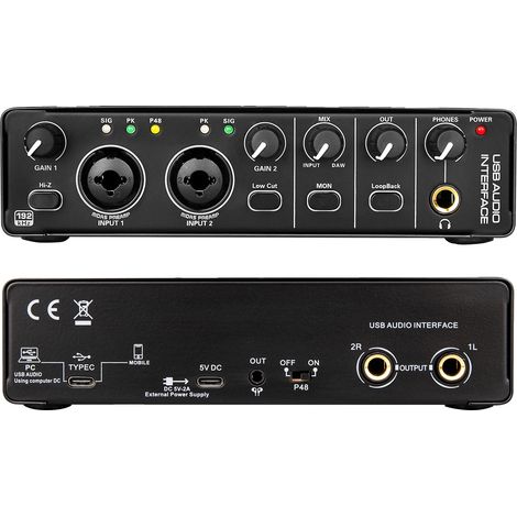 Interfaz de audio, conecta micrófonos de condensador de 48 V, alimentada por la red eléctrica, color negro. (1/2)