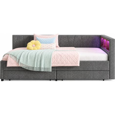 Sofá cama 90x200 cm con LED RGB, USB + Tipo C, 2 cajones y estantes, tapizado en tela gris, ideal para dormitorio juvenil y almacenamiento – CHICFURN (1/5)