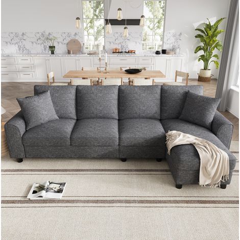 Sofá rinconera en L 280x136x82 cm gris de chenilla con arcón y respaldo abatible con portavasos (1/5)