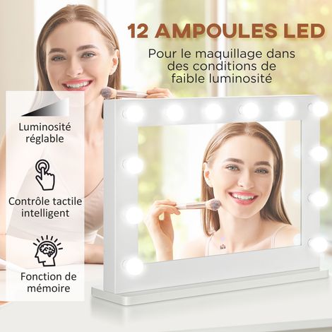 Miroir maquillage Hollywood 12 LED tactile mémoire métal MDF blanc