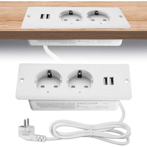 Regleta plegable de mesa con 2 enchufes, 2 puertos USB y cable de 1,5 m - para escritorio y mesa de conferencias (blanca)