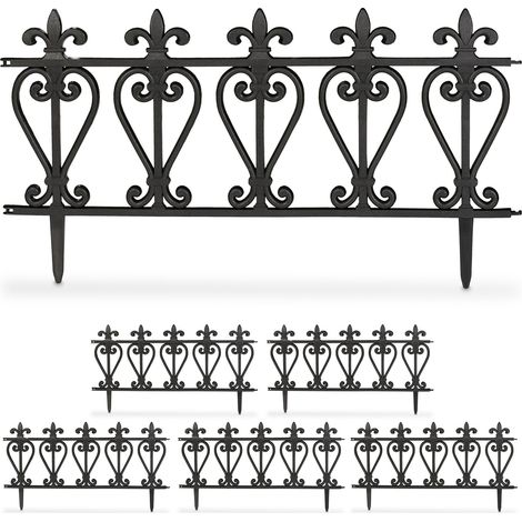 Relaxdays Beeteinfassung, 6er Set, Kunststoff, HxB: je 32,5 x 61 cm, Beetumrandung Garten, Zierzaun zum Stecken, schwarz