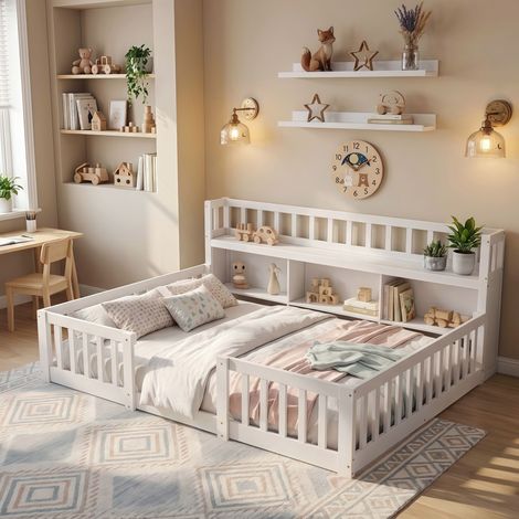 Lit Enfant 140x200 Lit Montessori au Sol avec Barrière de Sécurité et Bibliothèque Robuste en Bois Massif pour Chambre - Blanc (1/5)