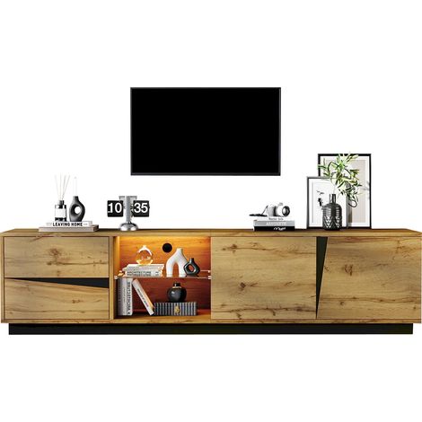 Mueble TV 180x35x45 cm de Melaminado natural y negro, con almacenaje para salón FloraGrace (1/5)