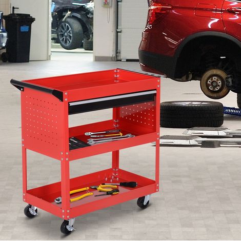 CHICFURN Carro de herramientas de acero rojo 82 x 35 x 76 cm, 3 niveles, 4 ruedas con freno (1/5)
