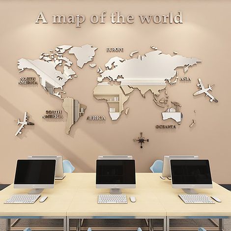 Sticker mural acrylique 3D carte du monde effet miroir pour bureau, salle d'étude, salon, chambre, argent