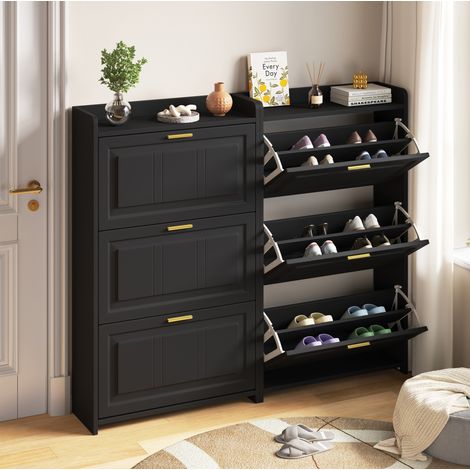 Schuhschrank aus MDF und Spanplatte, Schwarz, 2er-Set, 70 x 24 x 120 cm, 3 Klapptüren, 6 Fächer (1/5)