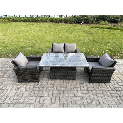Fimous High Back Rattan Garden Furniture Sofa Sets with Height Adjustable Rising Lifting Table Side Table Big Footstool Dark Grey Mixed (1/5)
