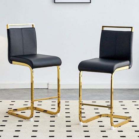 Lot de 2 chaises hautes nordiques simili cuir noir pieds dorés bar cuisine (1/5)