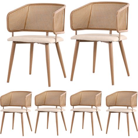 Lot de 6 chaises de salle à manger, 47x51x79 cm,chaises de cuisine rétro pour salon restaurant café, dossier en rotin et assise en velours, beige marron (1/5)
