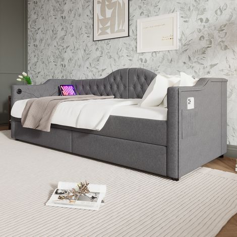 Lit banquette rembourré 90x200 cm avec port USB-C et 2 tiroirs, cadre en lin gris (sans matelas) (1/5)