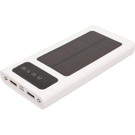 Batterie externe solaire portable 20 000 mAh avec indicateur de charge, double port de sortie et lampe torche intégrée (blanche). (1/4)