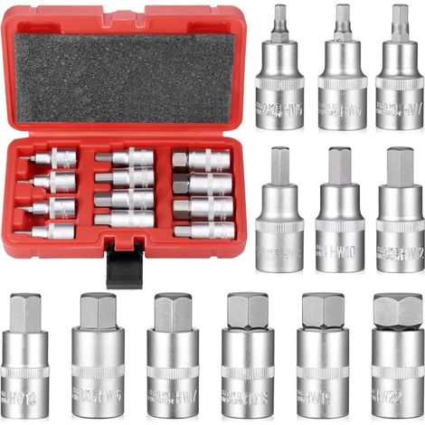 Jeu de Douilles 6 Pans, 1/2" Métriques 5-22MM, Douille en Acier CR-V Entièrement Polie et Embout Allié S2, 12 Pièces Hexagonale avec Boîtier Rangement, pour Clés Dynamométriques - (1/5)