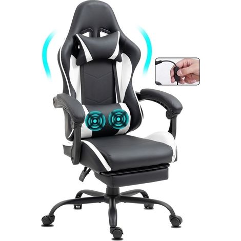 Chaise Gaming ergonomique avec repose-pieds et massage blanc