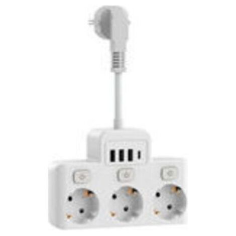 Multiprise avec Interrupteur Individuel, Multiprise Electrique 3 Prises avec 4 Ports USB, 4000W 16A avec Câble Court 5CM