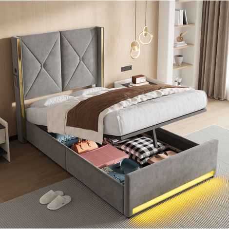 Lit coffre 90x200 cm en velours gris foncé, tête de lit haute capitonnée, USB/Type-C, LED (1/5)