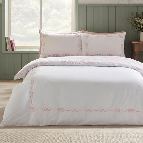 Parure de lit Double avec Housse de Couette et taies d'oreiller Motif nœud Blanc/Rose (1/5)